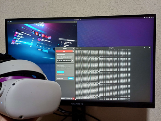 a meta quest 2 vr headset held in front of a monitor showing a gnome desktop with two windows open, beat saber, and envision showing the logs from wivrn