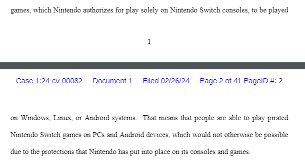 text from the nintendo of america v. tropic haze LLC (yuzu developers) court case that says:

"Yuzu allows Nintendo Switch games, which Nintendo authorizes for play solely on Nintendo Switch consoles, to be played on  Windows, Linux, or Android systems. That means that people are able to play pirated Nintendo Switch games on PCs and Android devices, which would not otherwise be possible due to the protections that Nintendo has put into place on its consoles and games."