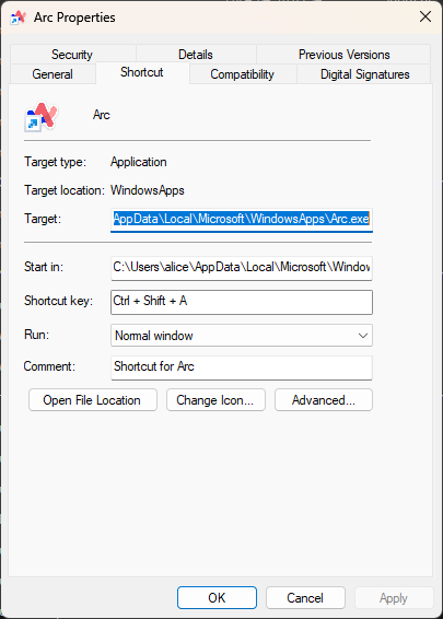 arc shortcut properties window showing the shortcut key set to ctrl shift a