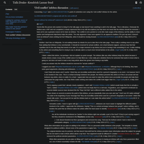 wikipedia talk page for "Drake-Kendrick Lamar feud", there are users arguing in a thread called "'Civil conflict' infobox discussion"