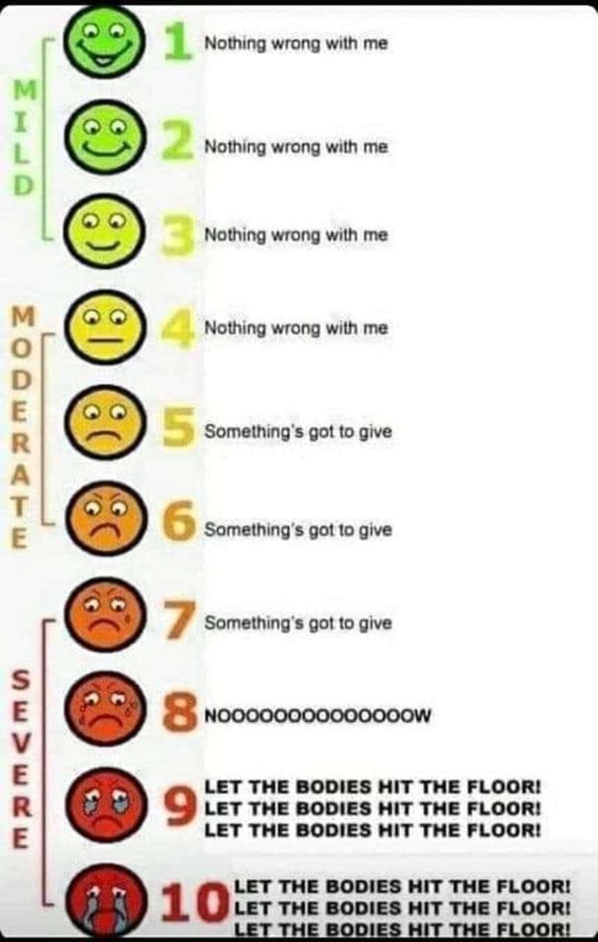 A chart of emotions ranging from 1 to 10 but it has been edited to be the lyrics for Bodies by Drowning Pool. Mild: 1. Nothing wrong with me 2. Nothing wrong with me 3. Nothing wrong with me Moderate: 4. Nothing wrong with me 5. Something's got to give 6. <br />Something's got to give Severe: 7. Something's got to give 8. NOOOOOOOOOOOOOOW 9. LET THE BODIES HIT THE FLOOR! LET THE BODIES HIT THE FLOOR! LET THE BODIES HIT THE FLOOR! 10. LET THE BODIES HIT THE FLOOR! LET THE BODIES HIT THE FLOOR! LET THE BODIES HIT <br />THE FLOOR!
